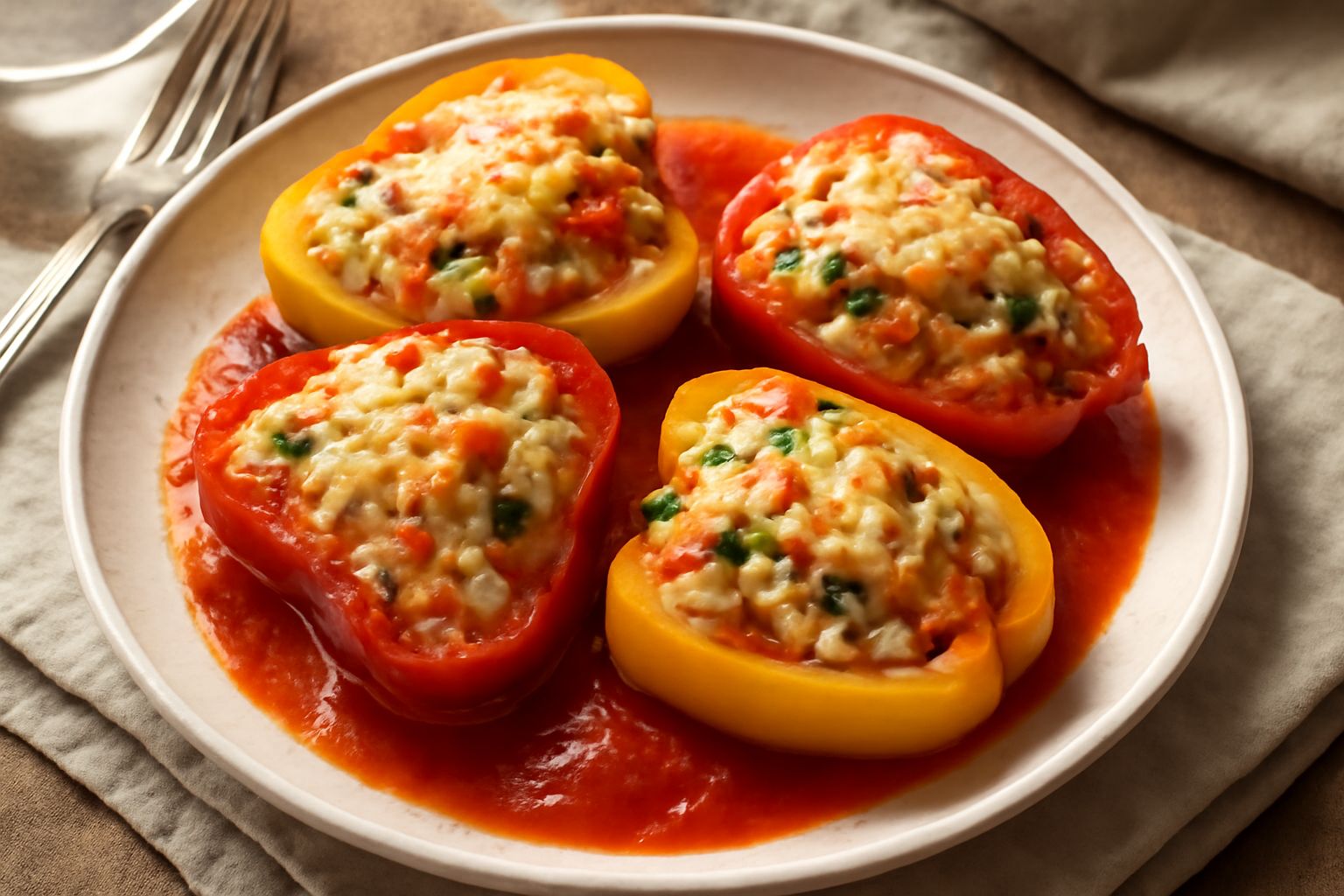 Involtini di peperoni rossi e gialli disposti in una pirofila da forno, ricoperti di sugo di pomodoro rosso vivo e spolverati di prezzemolo fresco