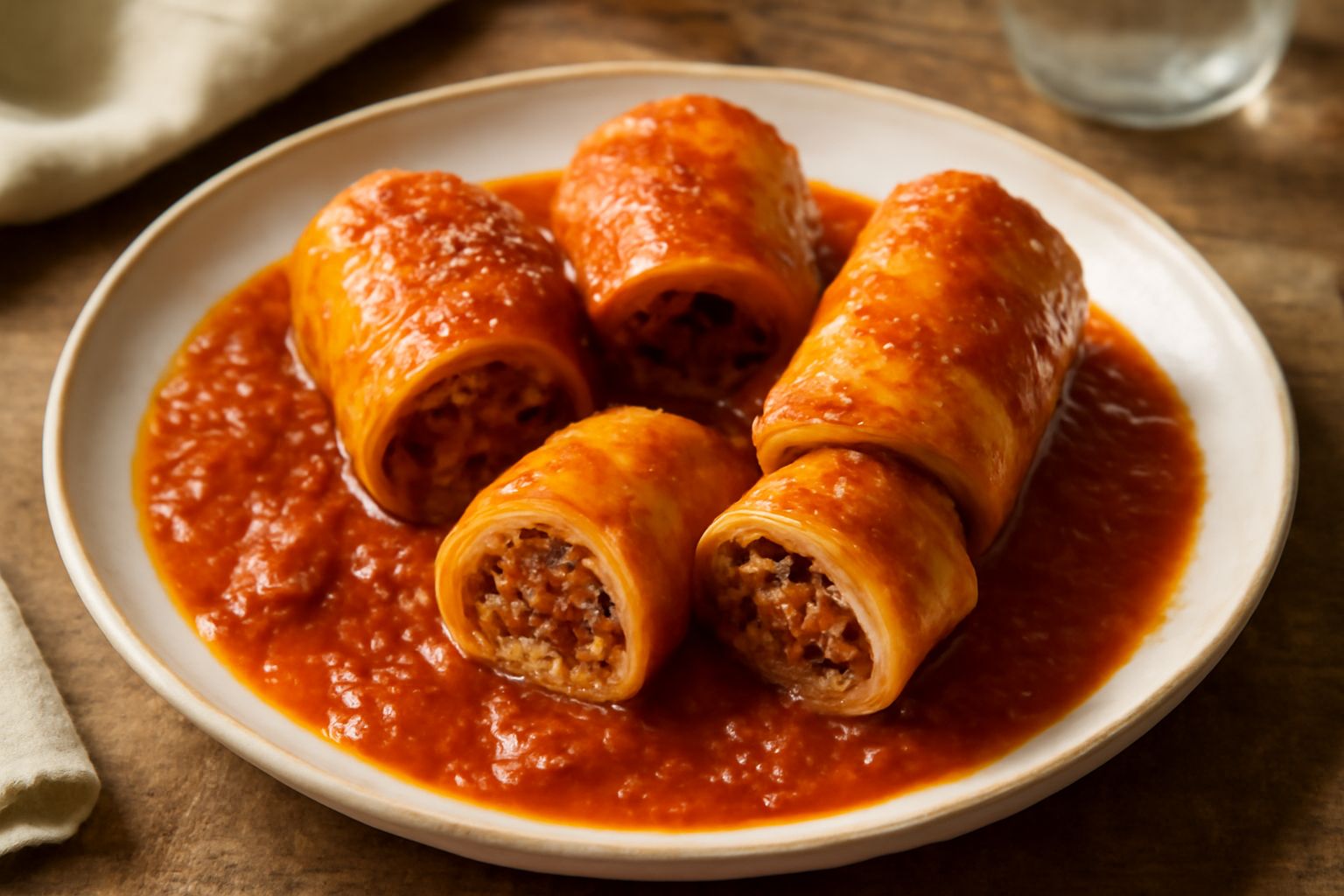 Tre involtini di ragù dorati e succosi tagliati a metà, disposti nel piatto su un letto di sugo rosso pomodoro denso, con una guarnizione di basilico fresco verde sulla sommità