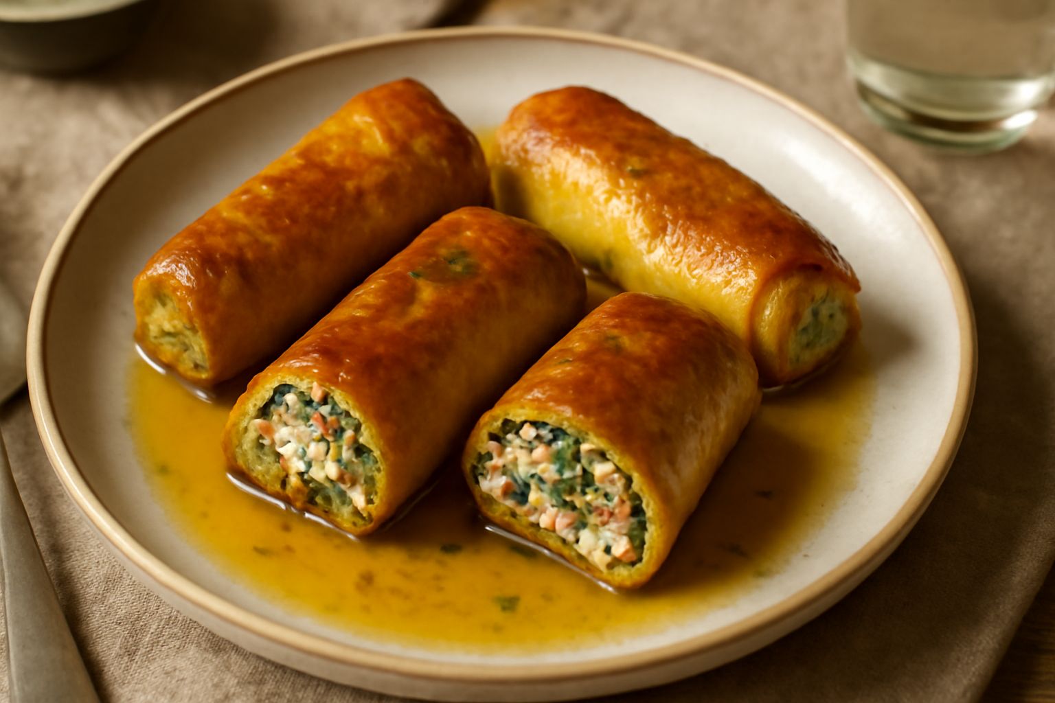 Quattro involtini di melanzana e zucchina dorati su un piatto bianco, ripieni di ricotta e verdure, spolverizzati di parmigiano grattugiato, con basilico fresco ai lati