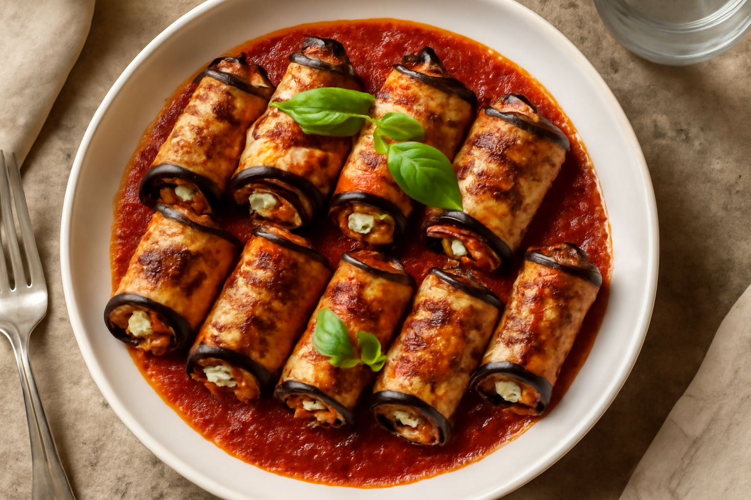 Involtini di melanzane dorate arrotolati su un piatto bianco con salsa di pomodoro rosso, ricotta visibile all'interno, e una foglia di basilico fresco sulla parte superiore