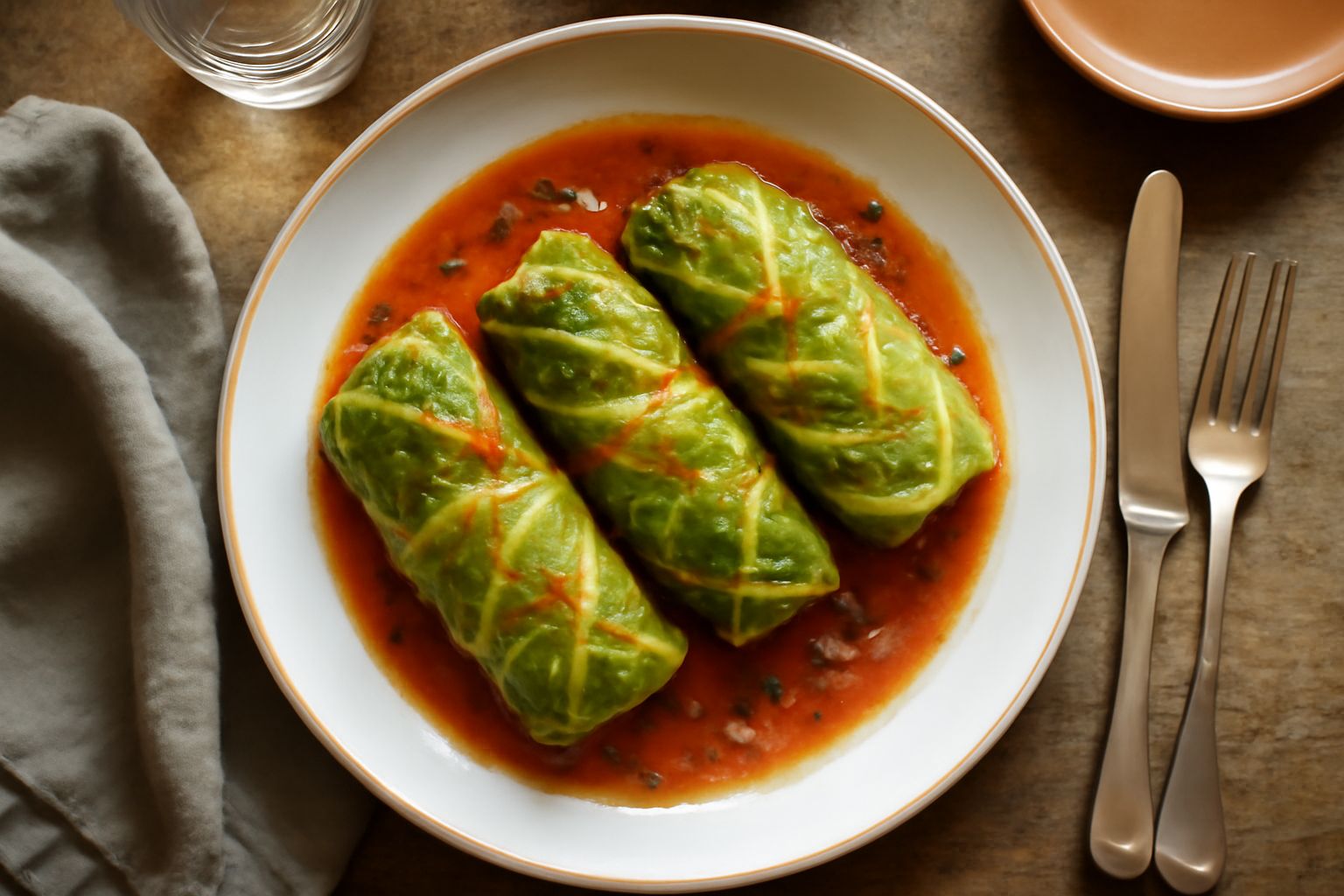 Quattro involtini di verza allineati in una pirofila di ceramica bianca con sugo di pomodoro rosso scuro, coperti di formaggio grattugiato leggermente dorato, con foglie di prezzemolo fresco accanto