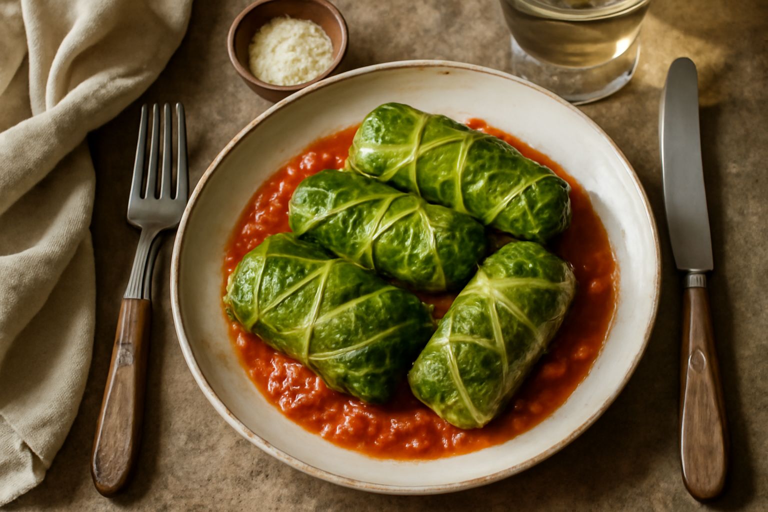 Involtini di verza dorati disposti in una teglia in bianco, ricoperti di sugo rosso di pomodoro, guarniti con prezzemolo fresco verde e accanto due foglie di verza cruda