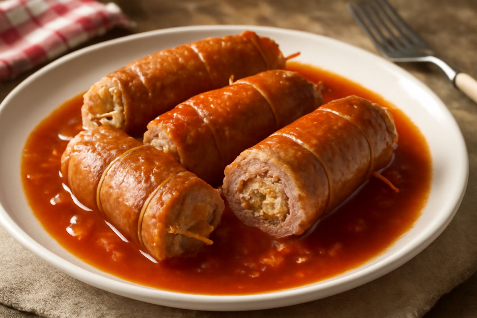 Tre involtini di vitello disposti nel piatto, avvolti e trattenuti da stuzzicadenti, ricoperti di sugo rosso denso e lucido, contorno di purè di patate color crema, prezzemolo fresco sparso sopra