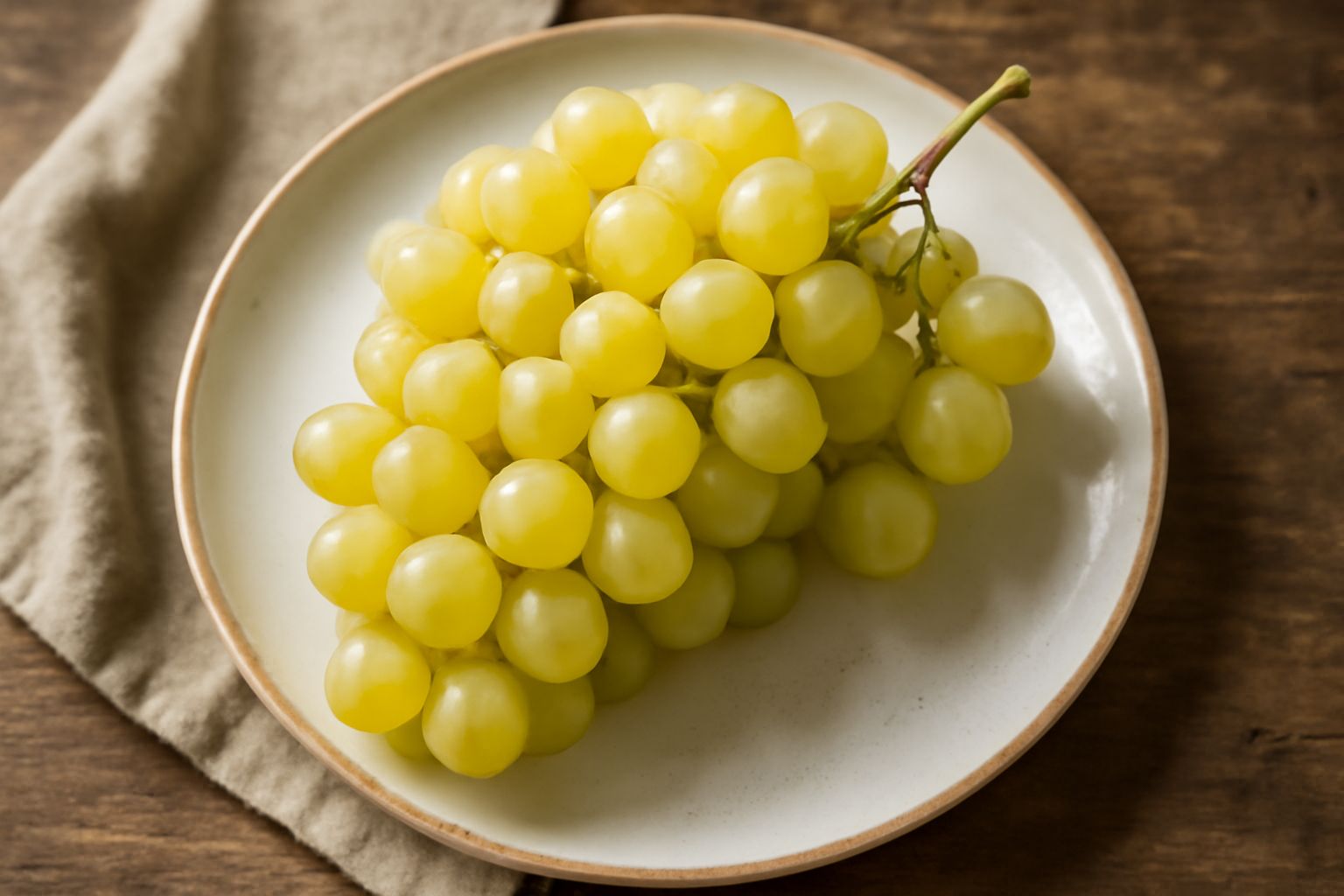 Grappolo di uva Inzolia bianca con acini trasparenti e buccia sottile, su un piatto bianco con foglie verdi sullo sfondo