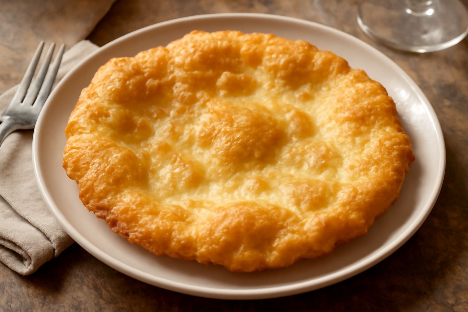 Ischitada appena fritta, dorata e croccante, servita su un piatto bianco con una leggera spolverata di zucchero a velo, dal colore marrone dorato uniforme