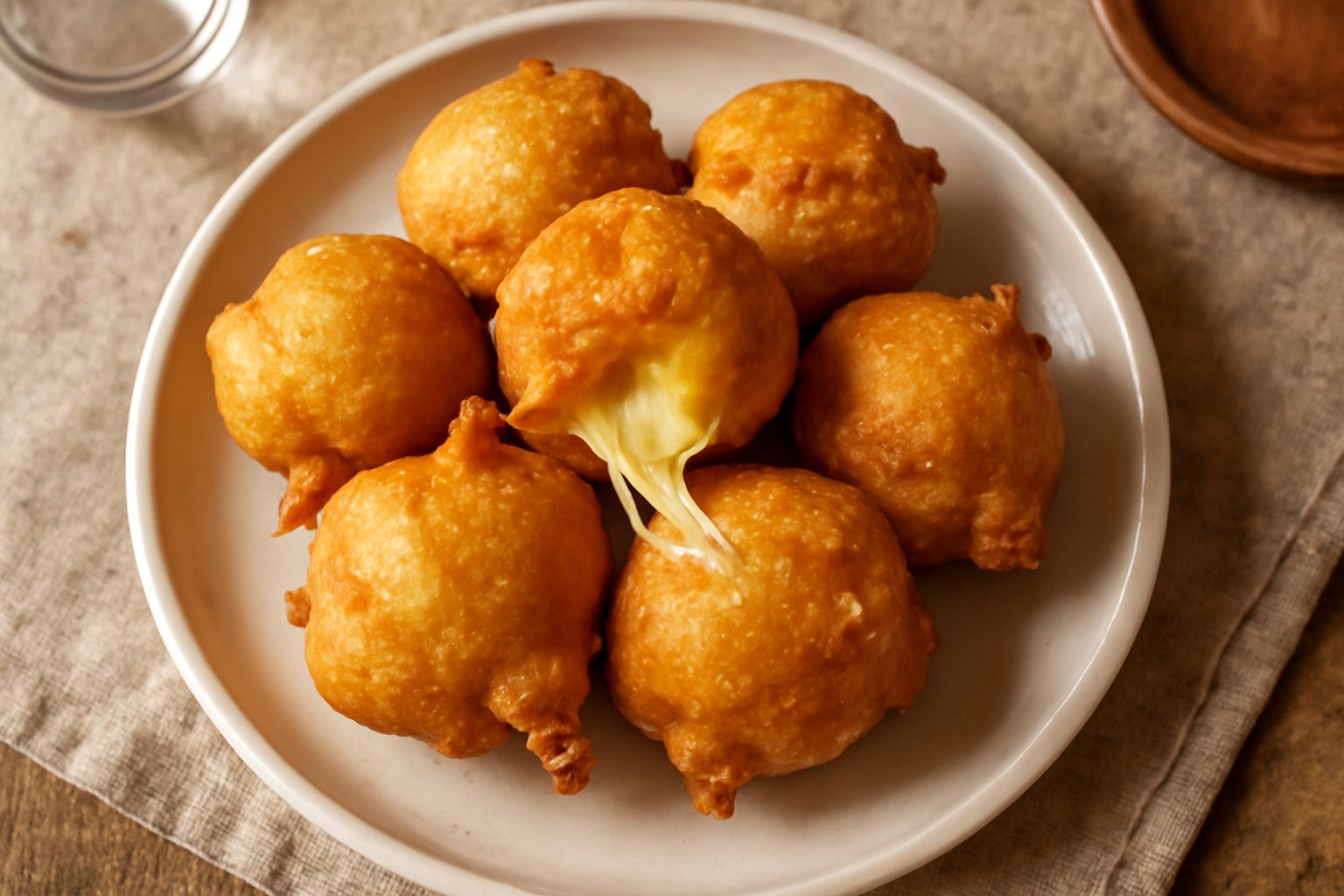 Ischitadas dorate e croccanti in un piatto bianco, ancora fumanti, con formaggio filante visibile nella spaccatura, contorno di carta assorbente con gocce di olio