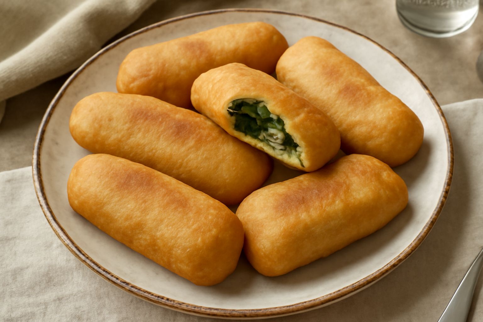Ispinadeddas dorate e croccanti impilate su un piatto bianco, con spinaci verdi visibili nell'impasto, guarnite di sale marino grosso