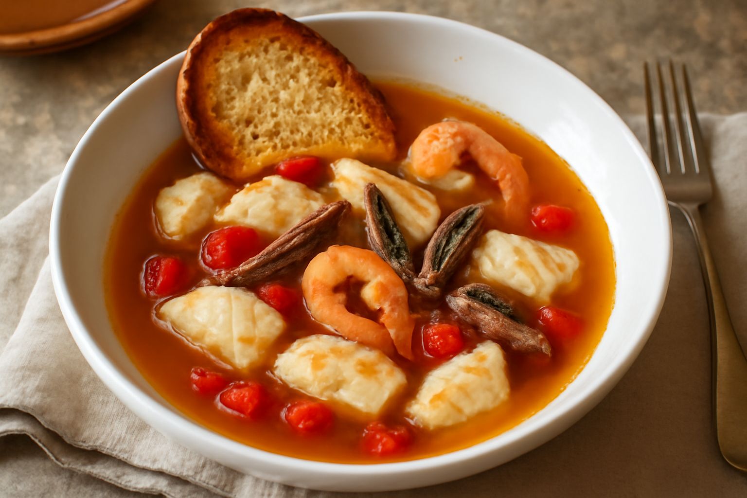 Zuppa di pesce in ciotola bianca profonda, con brodo trasparente dorato, filetti di pesce bianco, pomodori rossi a pezzetti, acciughe e pane tostato ai bordi, guarnita con prezzemolo fresco