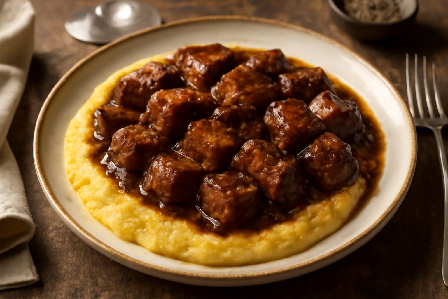 Piatto di izu de maiale con carne cotta in salsa scura, cubetti di carne dorata ai bordi, accompagnato da cipolla caramellata e erbe aromatiche fresche, servito su un piatto bianco.