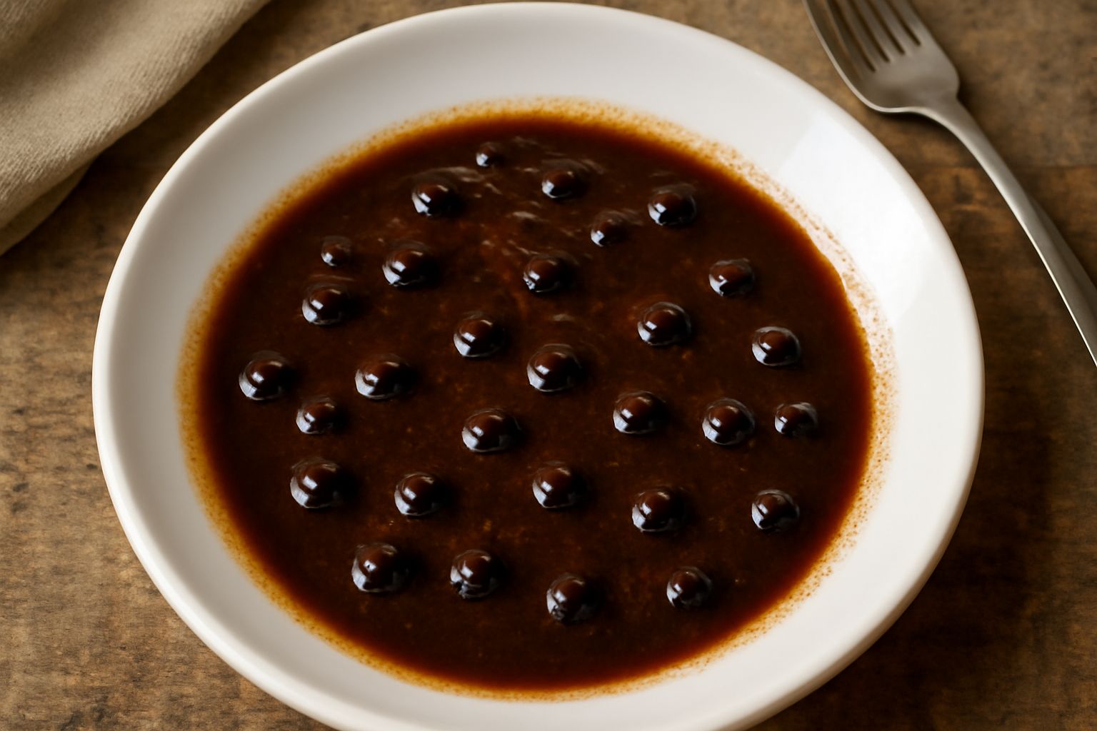 Salsa marrone scuro in una ciotola bianca, densa e lucida, con bacche di ginepro intere sparse sopra e accanto. Su fondo di legno chiaro con rametti di rosmarino.