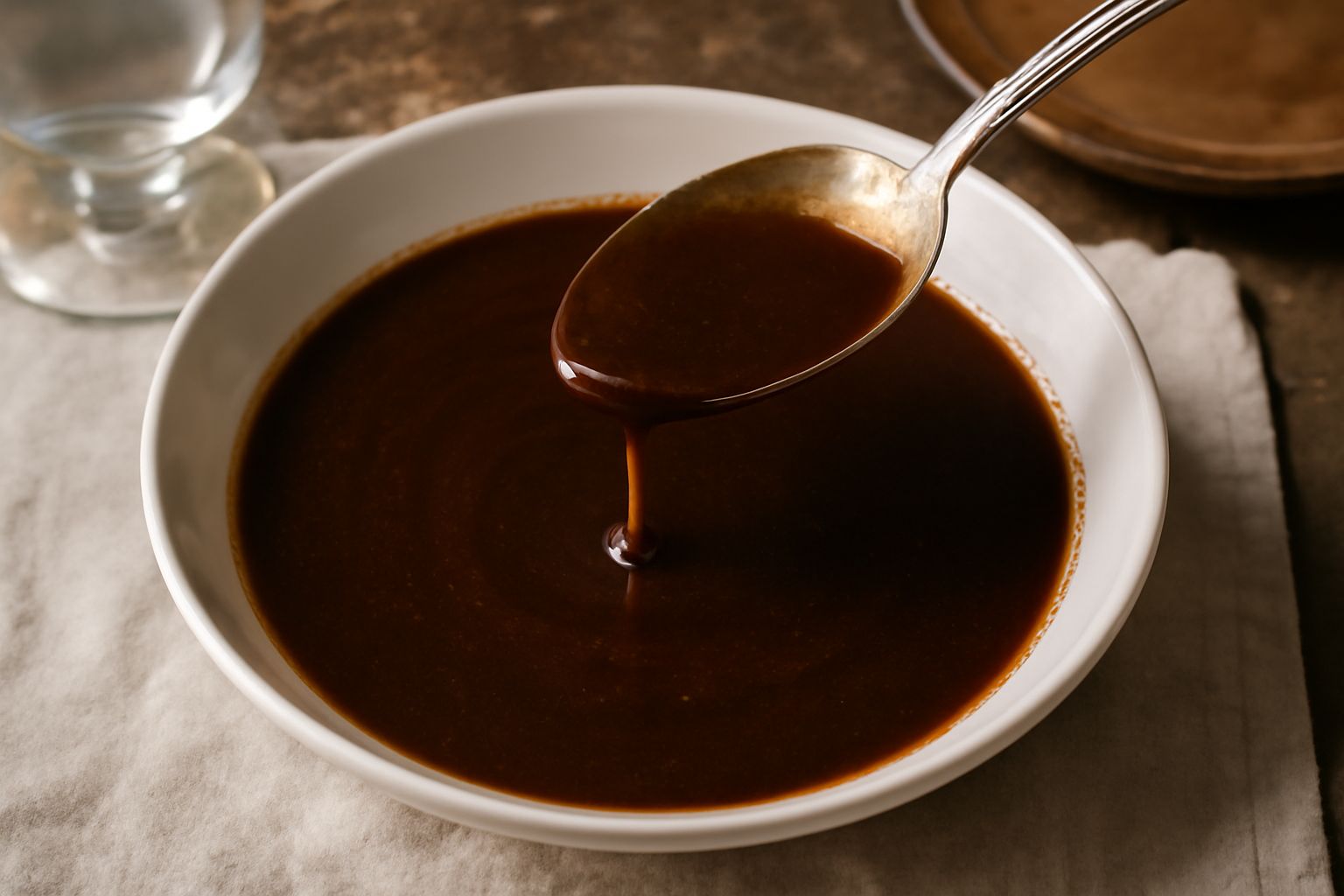 Jus d'aglio scuro e lucido in un cucchiaio, versato su un piatto bianco accanto a una fetta di carne rossa, con gocce brillanti e vapore visibile