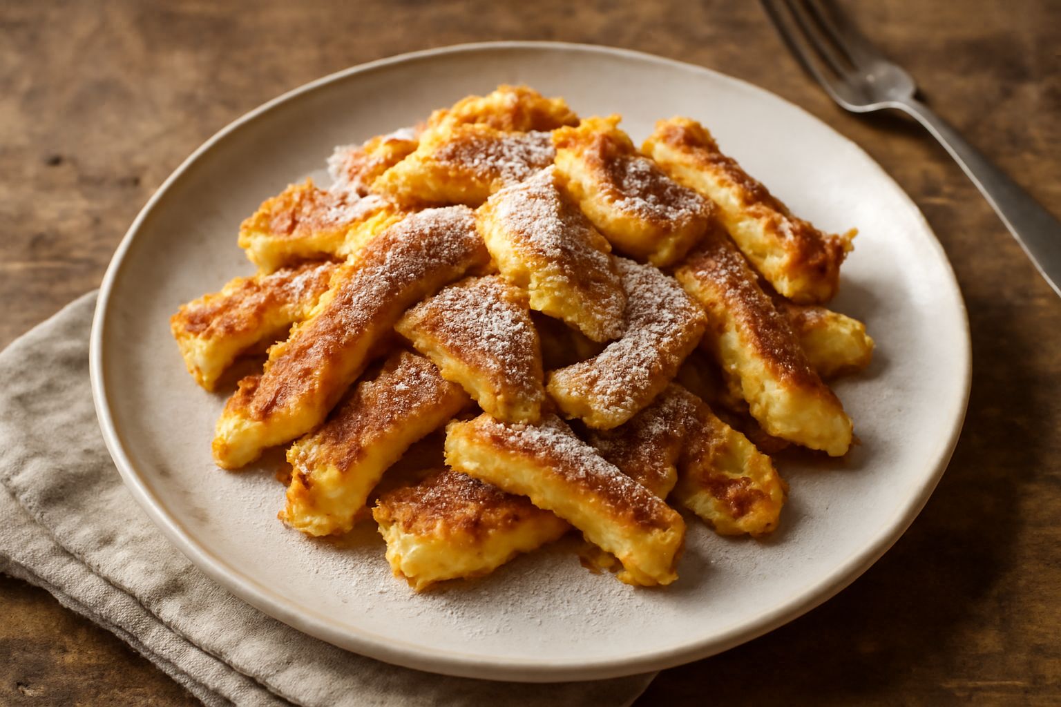 Kaiserschmarrn dorato con strisce disomogenee disposte nel piatto, spolverato di zucchero a velo e accompagnato da composta di frutti di bosco rossi e panna montata