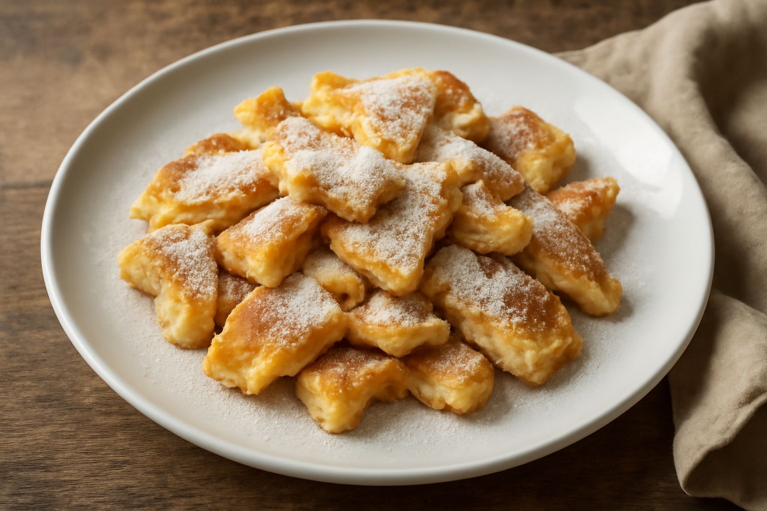 Kaiserschmarrn dorata e soffice in piatto bianco, con strisce irregolari, cosparsa di zucchero a velo, marmellata di albicocche in ciotola accanto, posate in acciaio