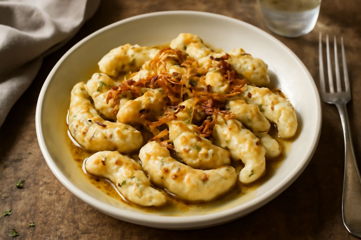 Kasnocken caldi in un piatto fondo, ricoperti di burro sciolto e cipolla dorata, formaggio che filante, contorno di prezzemolo fresco