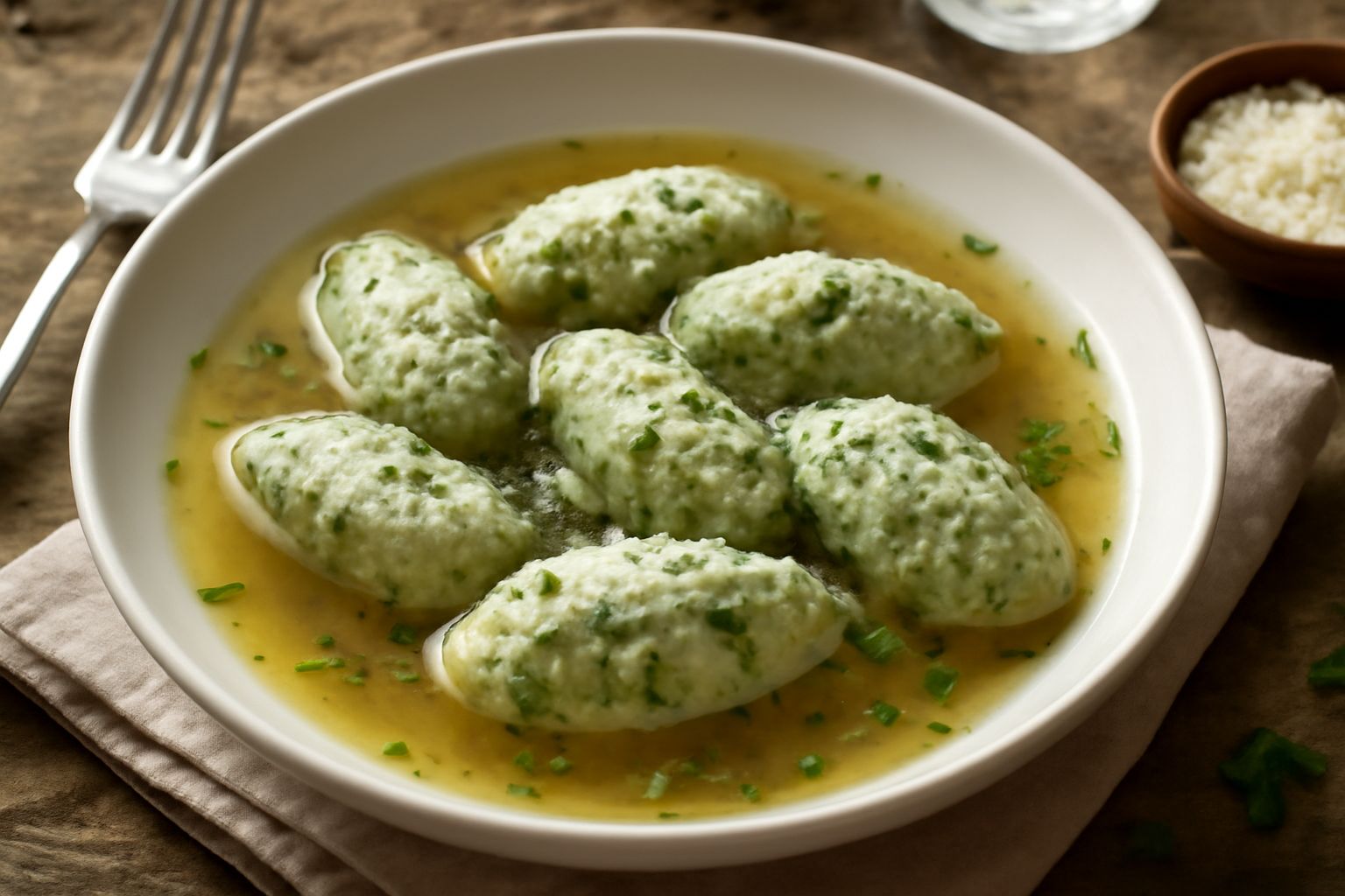 Ciotola di porcellana bianca con brodo caldo trasparente ambrato, tre kasnocken verdi soffici galleggianti, guarniti con parmigiano grattugiato bianco e prezzemolo fresco, cucchiaio d'argento dentro,