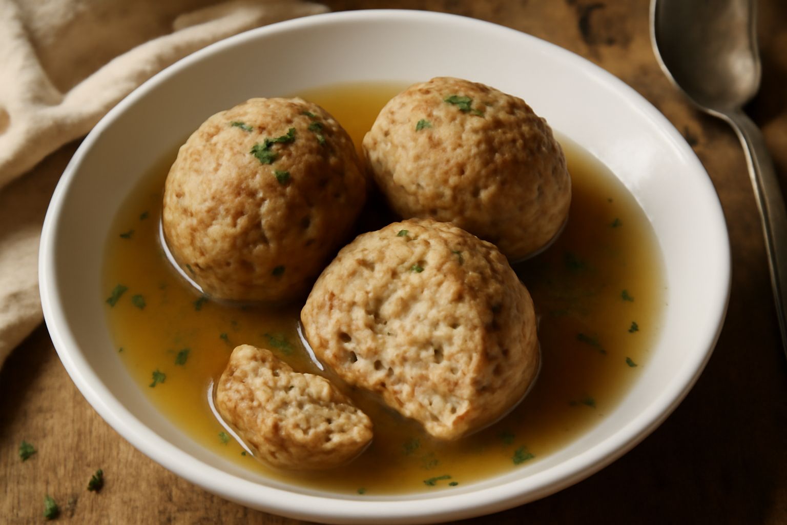 Tre Knödel di colore marrone scuro appena cotti, riposti in un piatto di ceramica bianca con brodo leggero intorno e prezzemolo verde fresco cosparso in superficie