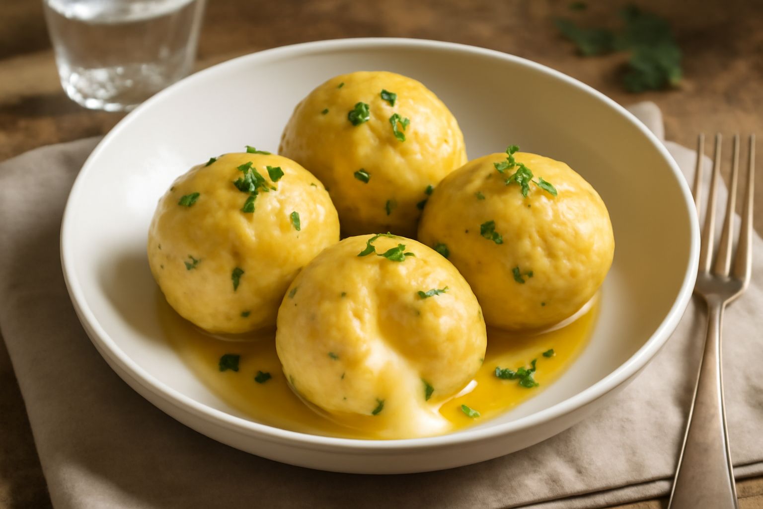 Tre knödel di formaggio giallo-dorati in un piatto bianco, ricoperti da burro fuso e prezzemolo fresco, con formaggio filo che filancia da uno di essi