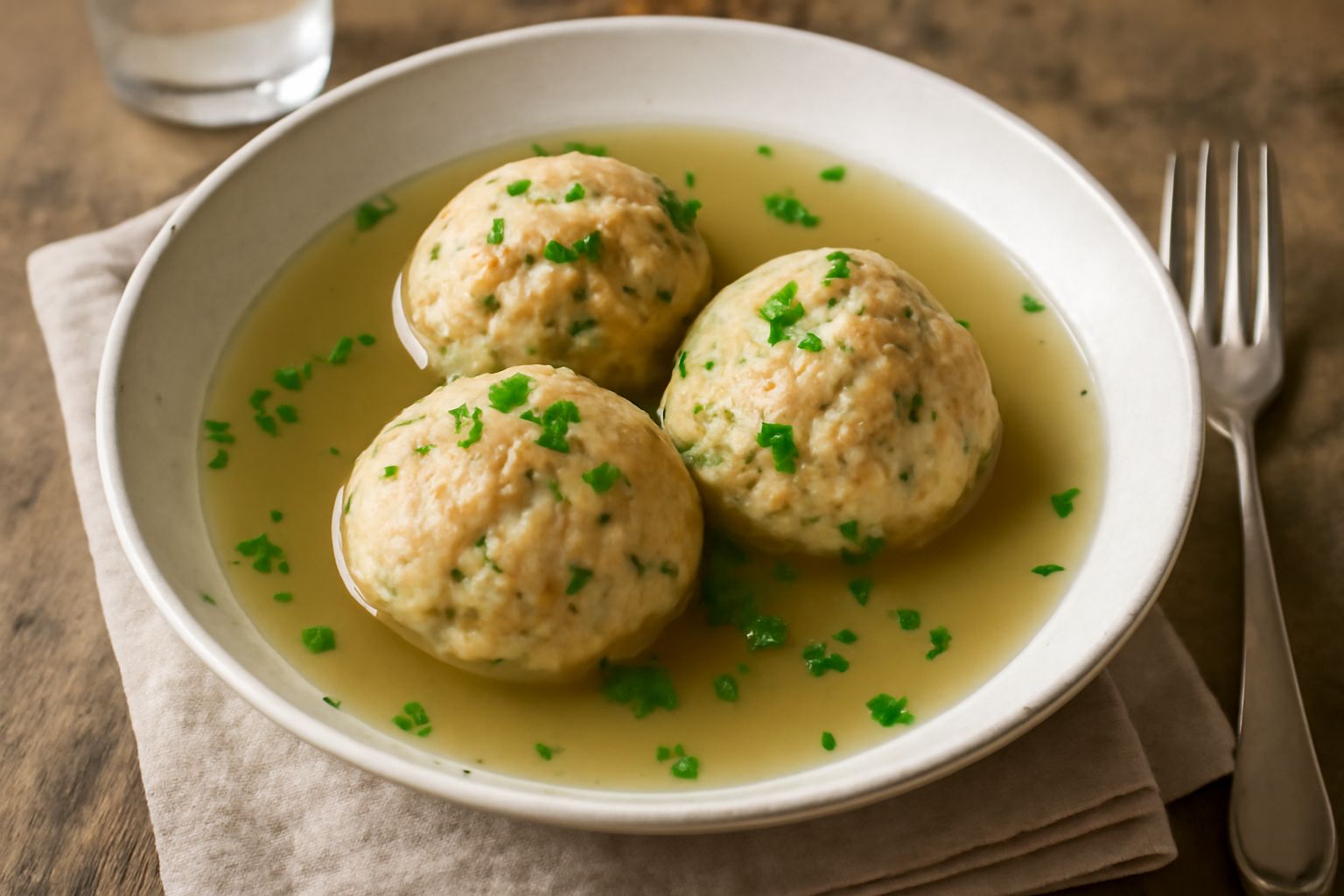 Quattro knödel di pane dorati e soffici serviti in una ciotola di ceramica bianca con brodo fumante, cosparsi di prezzemolo fresco verde, accompagnati da un cucchiaio di legno su fondo di legno natura