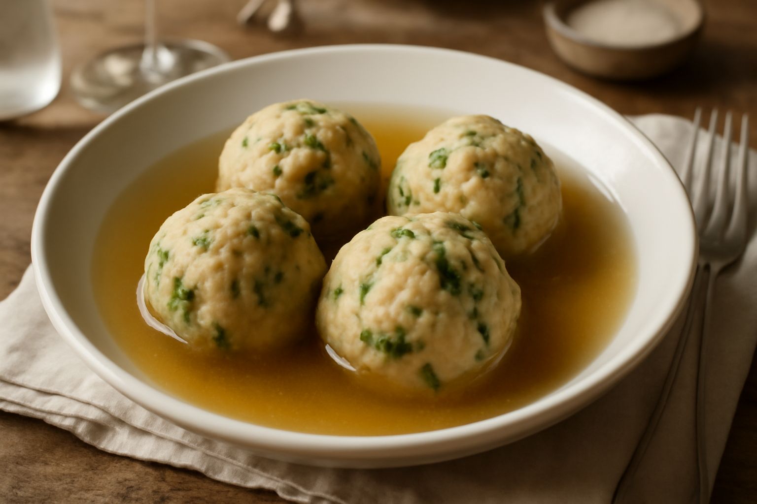 Quattro knödel tondeggianti color beige chiaro con sfumature verdi, serviti in un piatto bianco con brodo leggero trasparente, decorati con prezzemolo fresco e accompagnati da una piccola ciotola di b