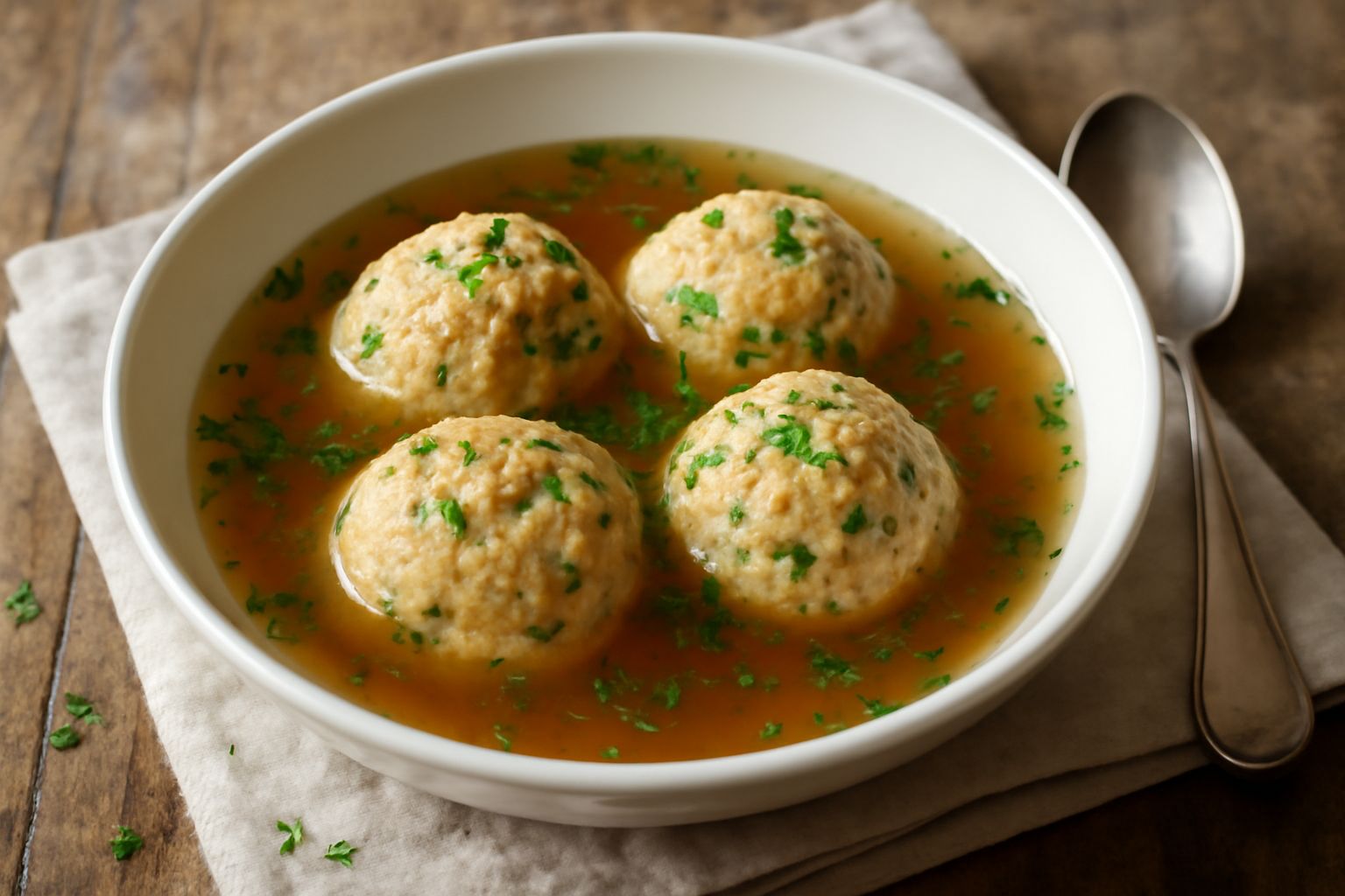 Una ciotola di Knödelsuppe con tre canederli dorati galleggianti in brodo trasparente, prezzemolo fresco tritato in superficie, pane scuro sullo sfondo
