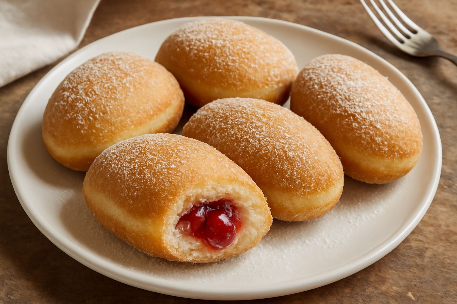 Tre Krapfen ovali dorati al centro di un piatto bianco, ricoperti di zucchero semolato, con una spaccatura longitudinale che mostra la farcitura di marmellata rossa al loro interno