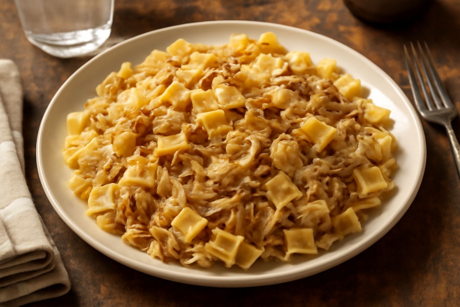 Piatto di Krautfleckerl: pasta quadrata bionda e cavolo appassito di colore marrone chiaro, mescolati insieme in una ciotola di ceramica bianca, con cipolla dorate visibili sulla superficie e grani di