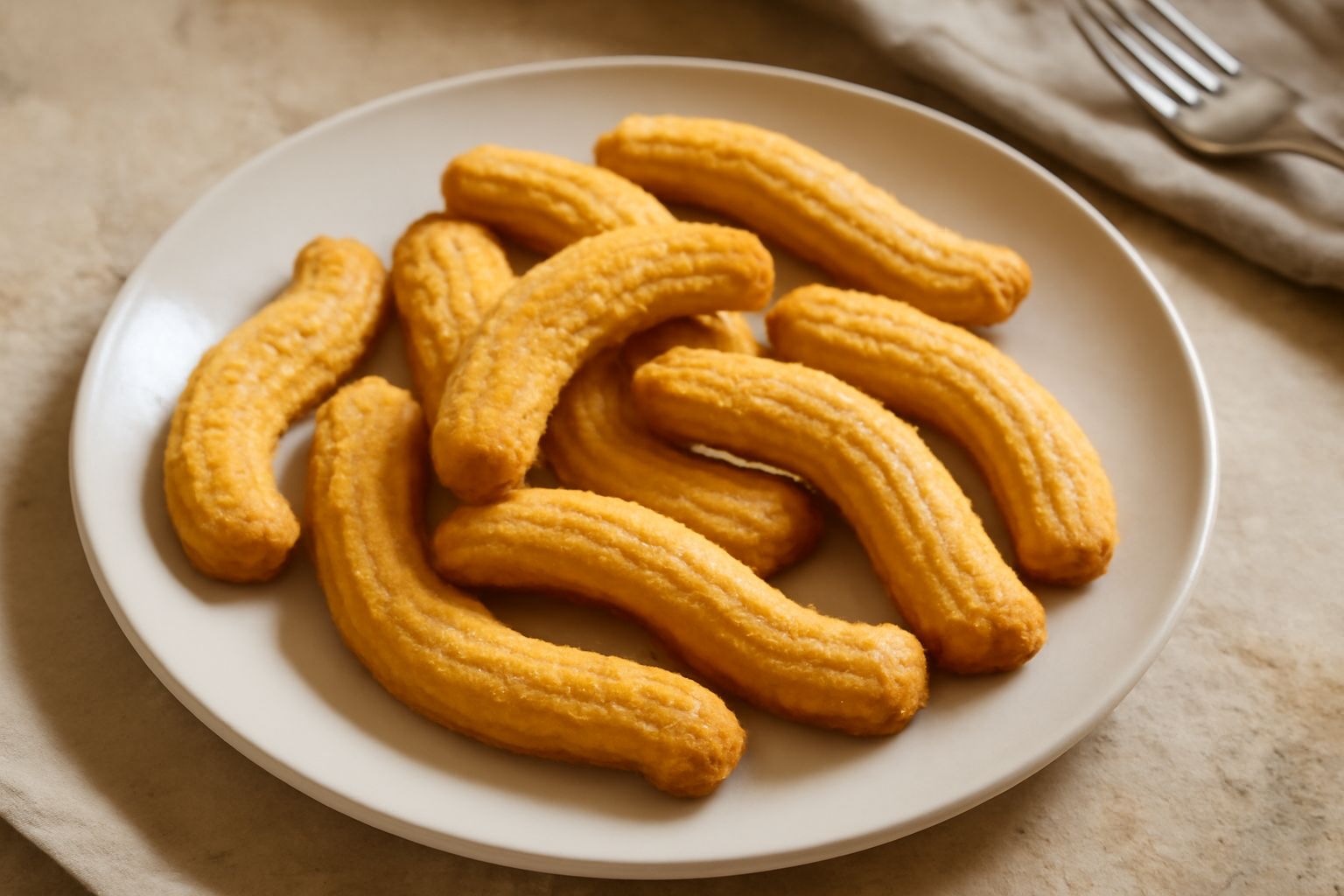 Krumiri di Casale dorati a forma di S disposti su un piatto bianco, biscotti friabili e croccanti con superficie leggermente irregolare, sfondo neutro