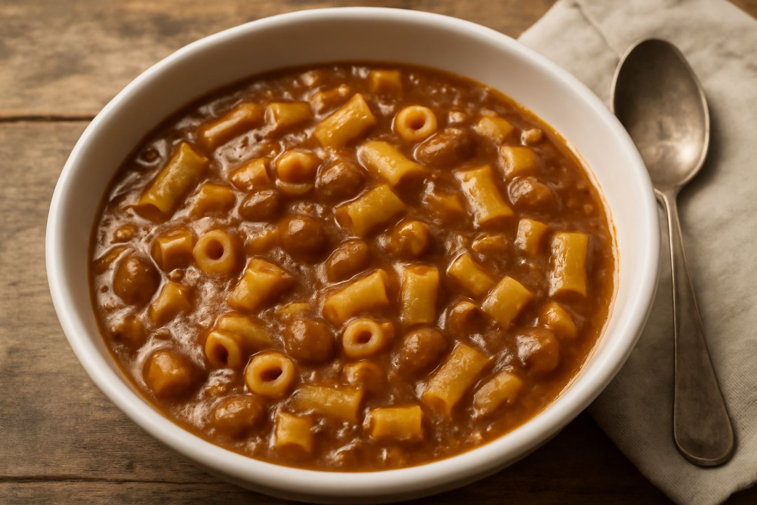 Làcciù in scodella bianca, pasta corta immersa in crema di fagioli bruno-rossicci, filo d'olio extravergine in superficie, pepe nero visibile, contorno sfocato con tavolo in legno