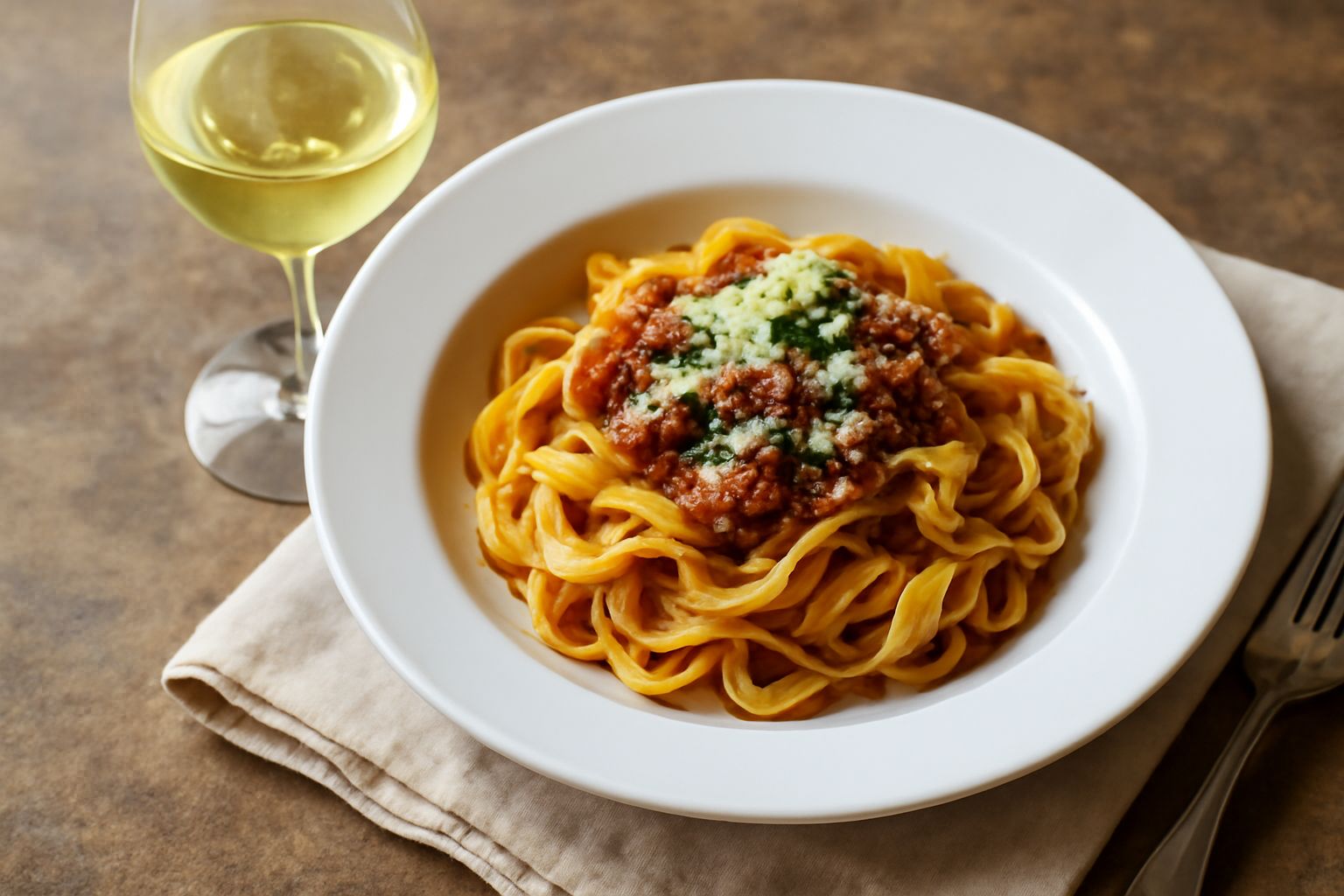 Bicchiere di vino bianco Lacrima di Morro d'Alba leggermente inclinato, colore giallo paglierino chiaro, bottiglia in vetro verde sfocata sullo sfondo, tavolo in legno naturale, luce naturale mattutin