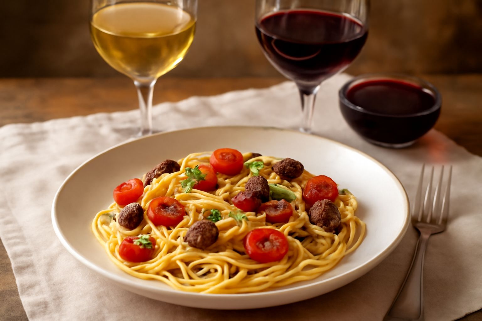 Bicchiere di vino Lacryma Christi bianco con riflessi gialli oro, posato su tavolo di legno scuro accanto a grappolo d'uva verde e bottiglia di vetro scuro etichettata