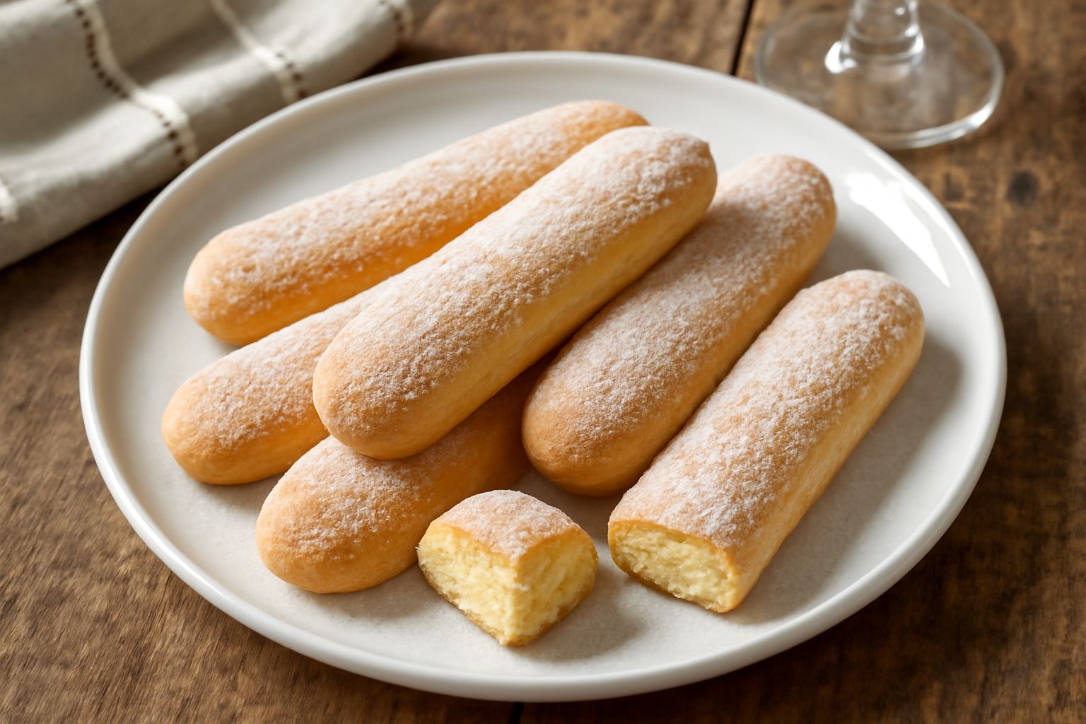 Ladyfinger dorati e croccanti disposti in piedi su un piatto bianco, con zucchero a velo sui bordi, accanto a una tazzina di caffè nera