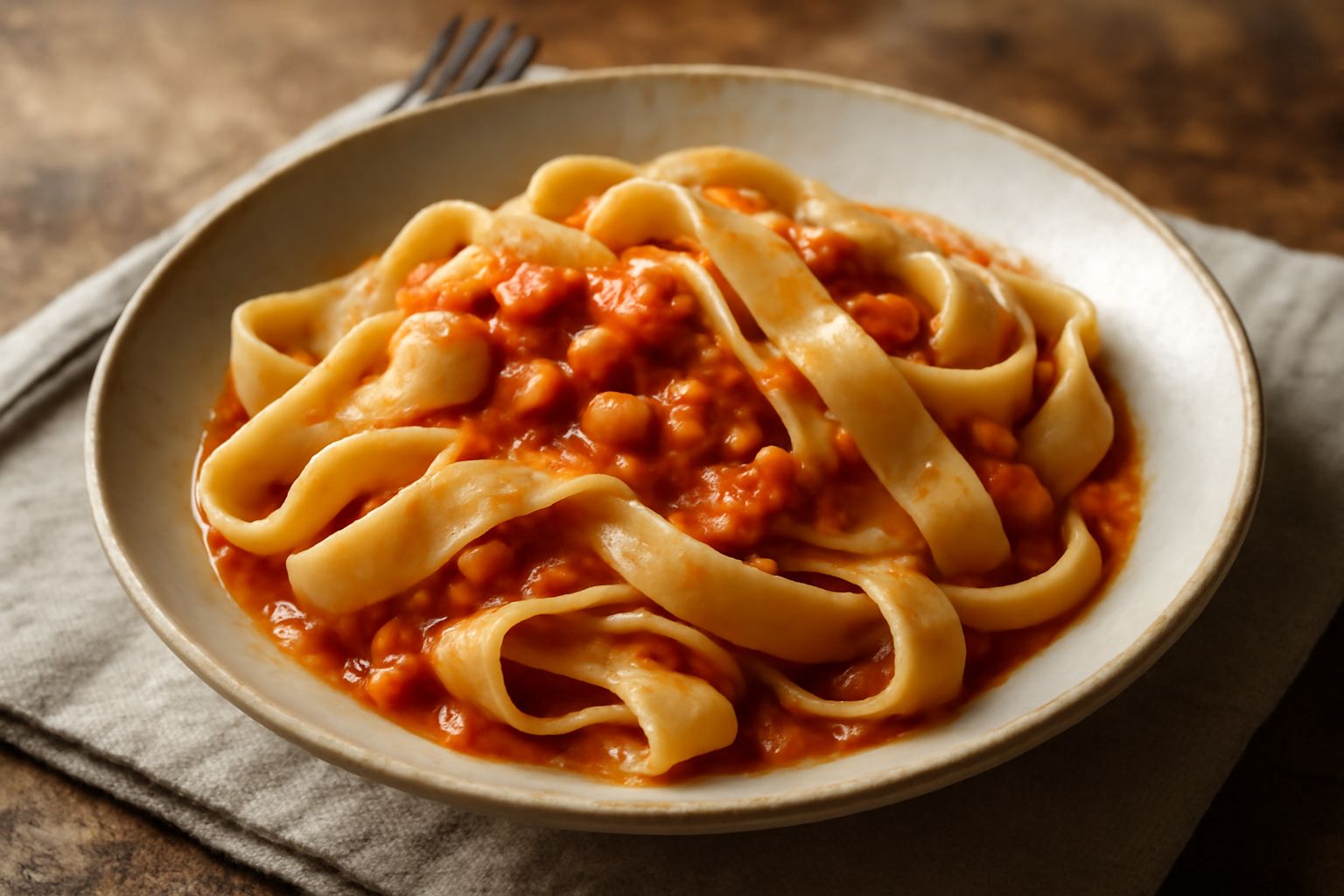 Piatto di lagane dorate e piegate, condite con ragù di lenticchie rosso intenso, spolverato di formaggio grattugiato bianco, accanto un bicchiere di vino rosso e pane toscano
