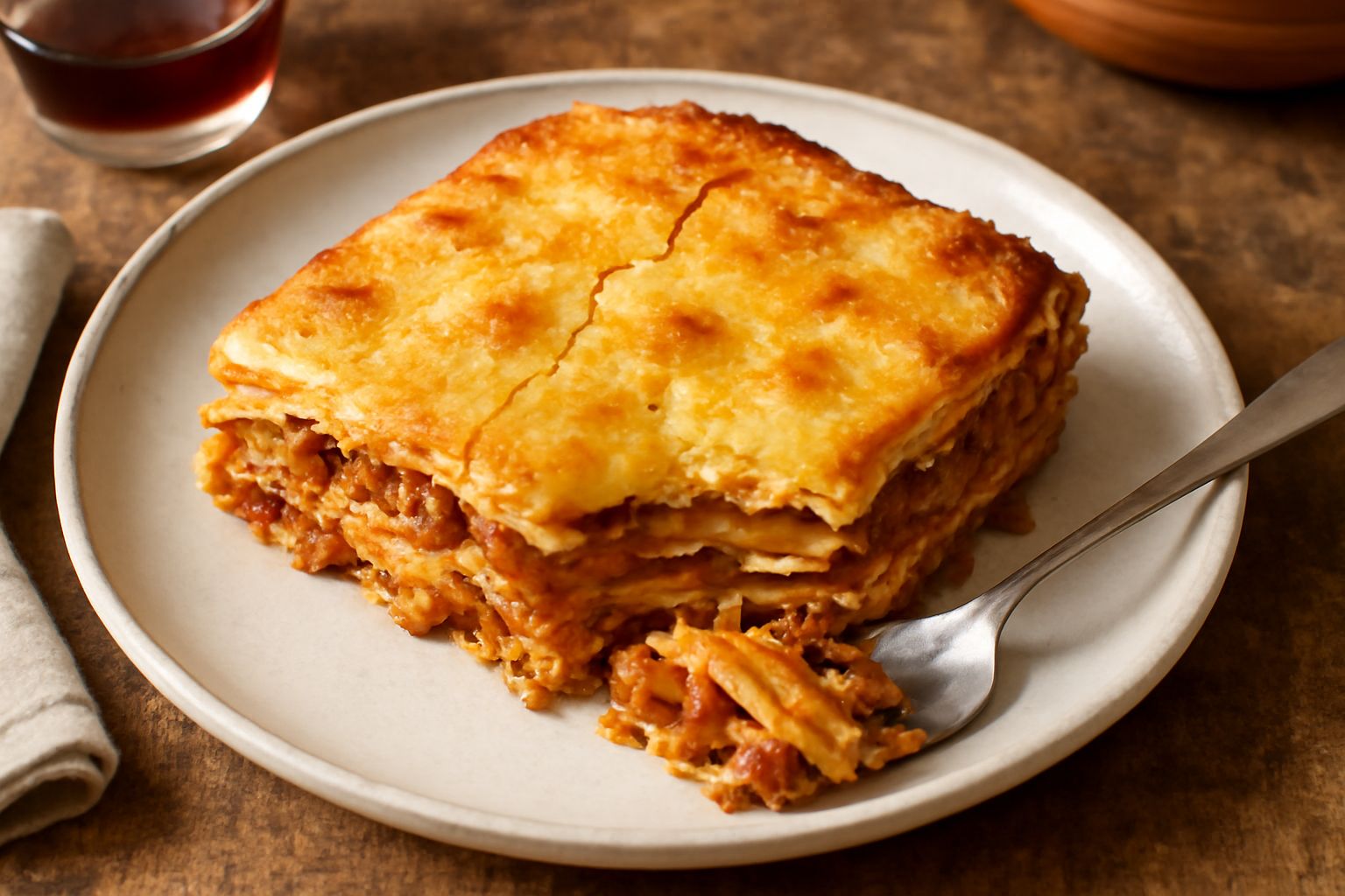 Teglia di lagane al forno con superficie dorata e croccante, visibili strati di pasta, ragù rosso e besciamella biancastra, guarnita di formaggio filante ai bordi, vapore che sale dal piatto caldo