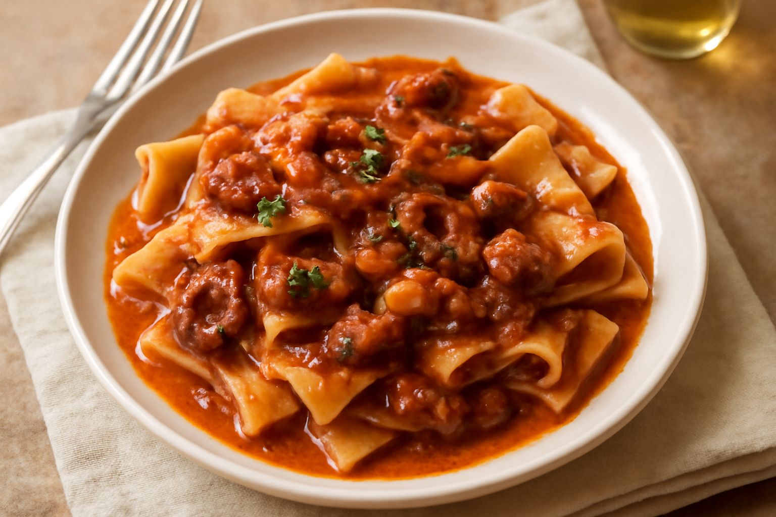 Piatto di lagane larghe e spesse ricoperte di sugo rosso con pezzi di polpo morbido, gocce d'olio d'oliva e prezzemolo verde fresco sparso in superficie