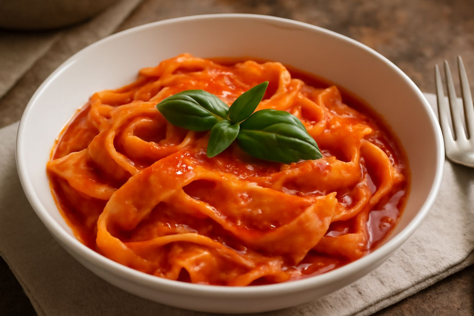 Piatto fondo di lagane larghe e ondulate ricoperte di sugo di pomodoro rosso vivo, sparse di foglie di basilico fresco verde scuro, olio lucido in superficie, servito su piatto bianco con bordo grigio