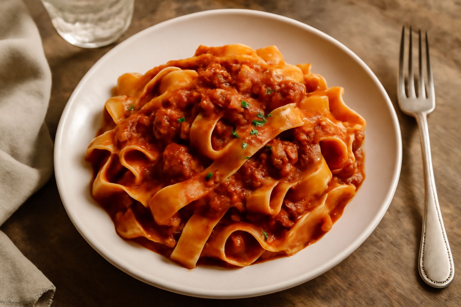 Lagane larghe e ondulate condite con ragù rosso di pomodoro e pezzi di salsiccia, servite in un piatto bianco fondo, contorno di basilico fresco e grattugia di formaggio