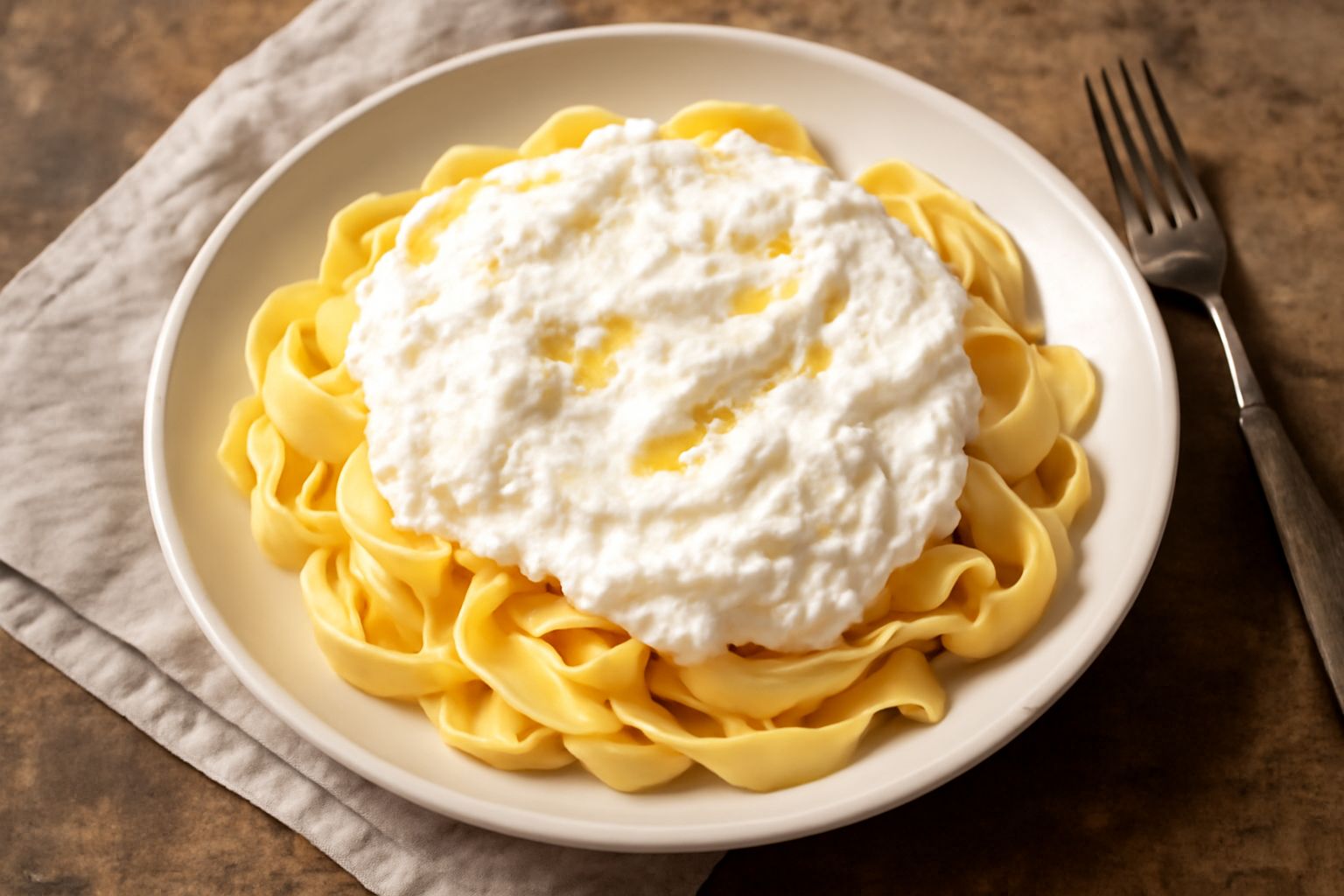 Piatto fondo di porcellana bianca con lagane ondulate giallo-oro rivestite di ricotta bianca cremosa, guarnite con pepe nero macinato fresco e un filo di olio d'oliva verde, foglia di prezzemolo fresc