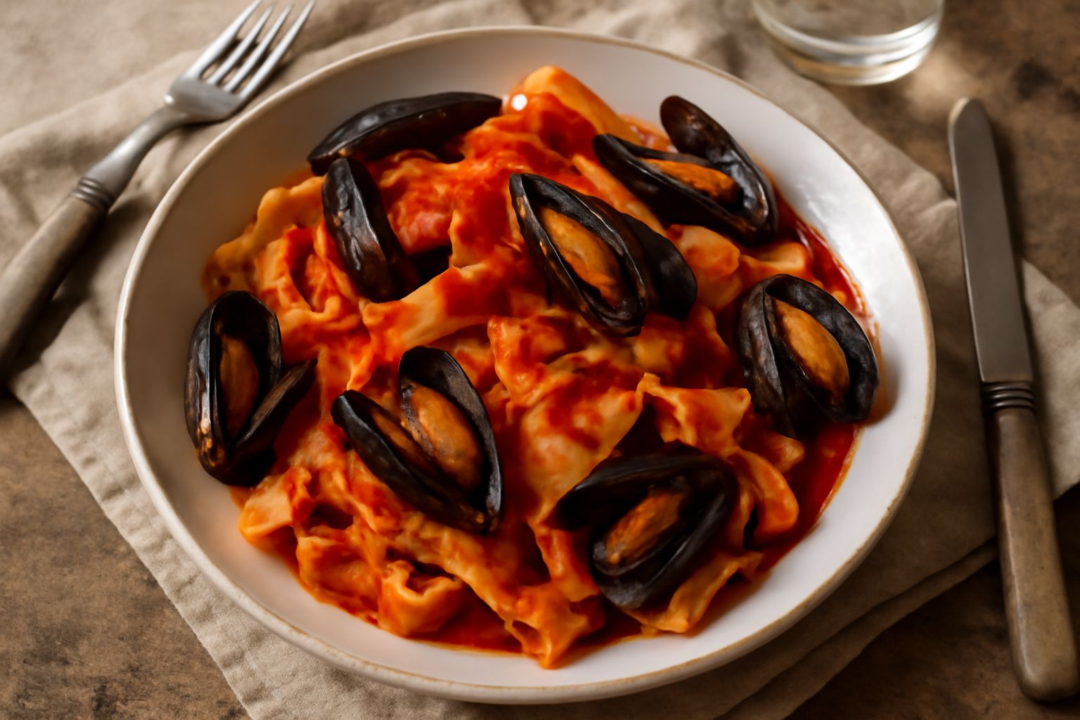 Piatto fondo di «lagane ca' le cozze» con pasta larga bionda, cozze aperte grigio scuro e blu, salsa rossa di pomodoro, aglio e prezzemolo verde, servito su ceramica bianca