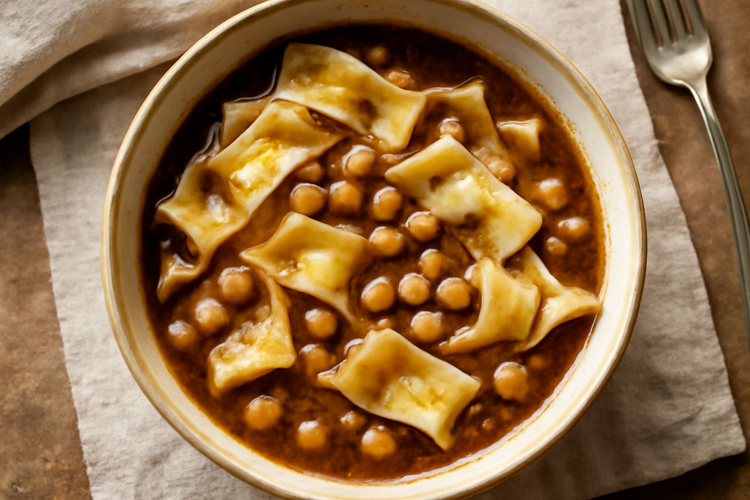 Piatto di lagane larghe beige con ceci color nocciola morbidi sparsi nel sugo marrone scuro, condimento a base di pomodoro e cipolla, servito in ciotola bianca su tavolo di legno rustico