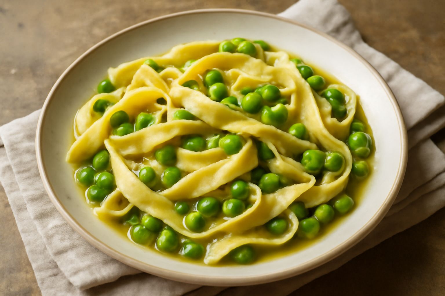 Un piatto di ceramica bianca contiene lagane larghe e ondulate di colore beige, condite con piselli verdi brillanti, una manciata di prezzemolo fresco tritato, e un filo di olio d'oliva. La pasta è cr
