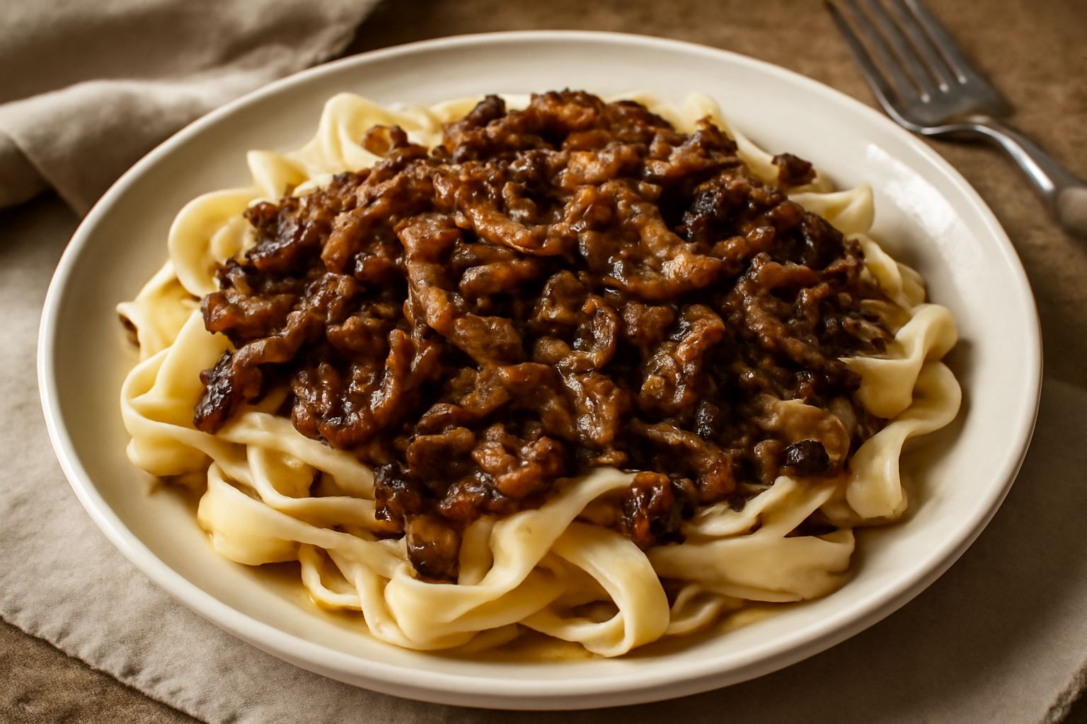 Lagane con funghi in piatto bianco, pasta in nastri ampi color crema con funghi trifolati marrone scuro, prezzemolo verde sparso, olio d'oliva lucido in superficie