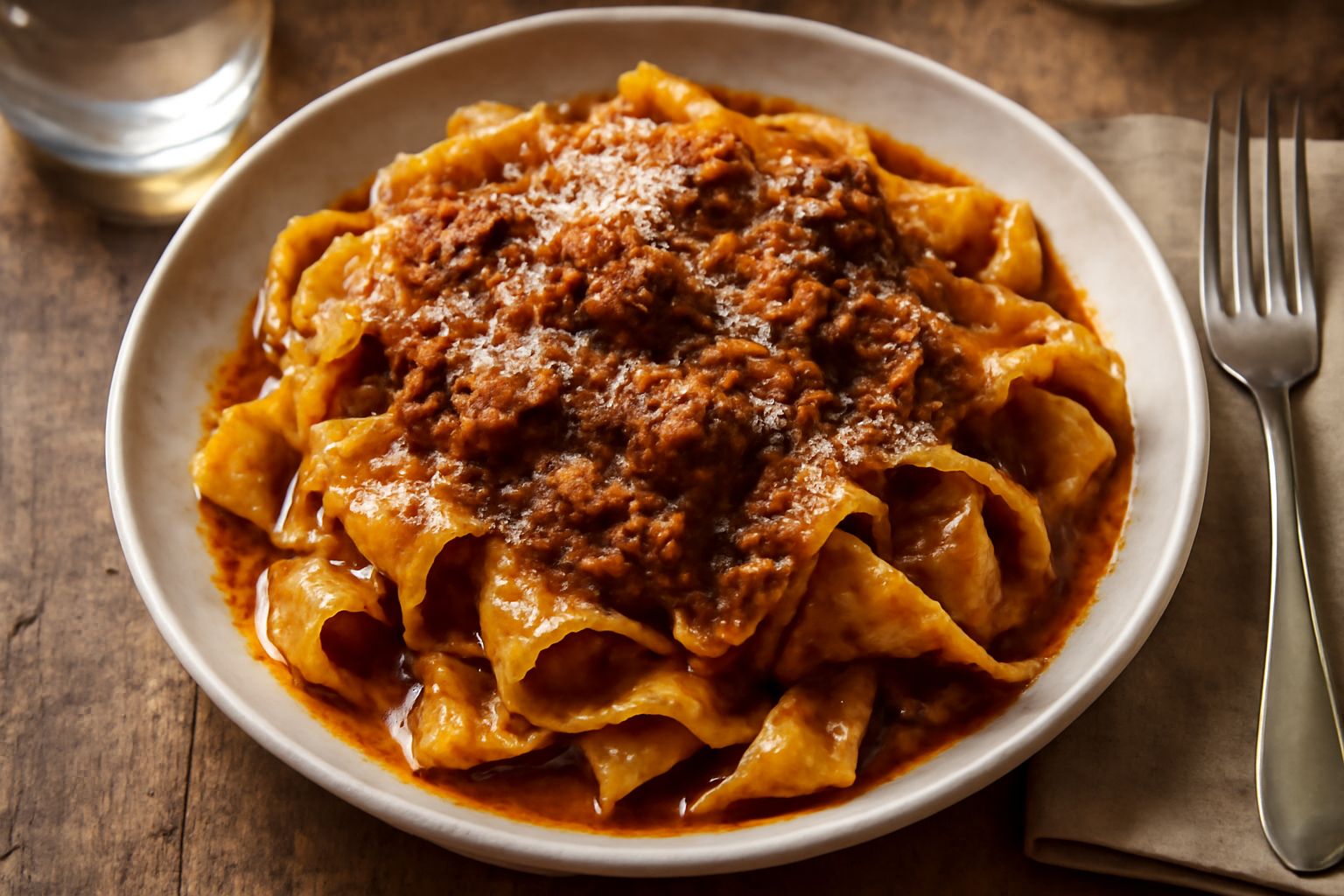 Piatto di lagane appena condite con sugo di carne scuro, parmesan grattugiato fine sparso in superficie, pasta piatta e ondulata ben rivestita dal sugo, contorno di foglie di prezzemolo fresco verde