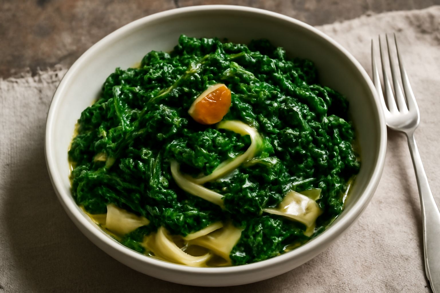 Piatto di lagane larghe e appiattite colore giallo-paglierino condite con cime di rapa verde scuro, aglio dorato e olio, servite in ciotola bianca con fondo rustico in legno