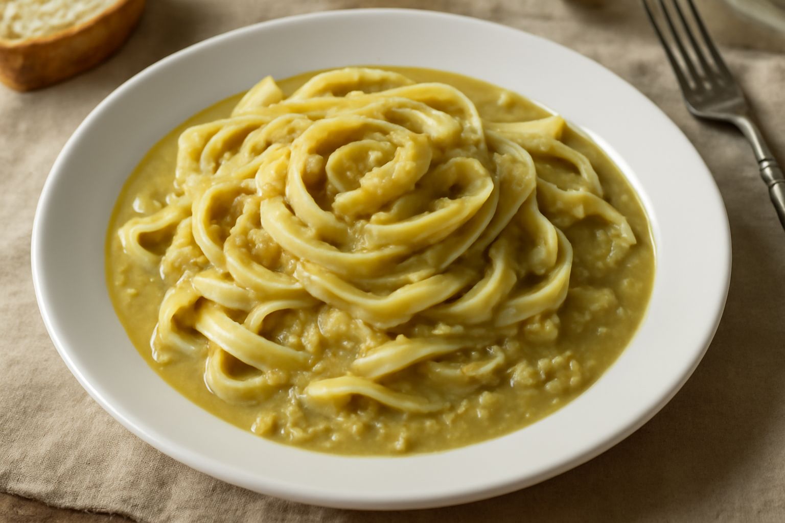 Piatto di lagane bianche e larghe, cremose e ricoperte di salsa verde-beige di fave cotte, servite in ciotola bianca profonda, con filo d'olio d'oliva e pepe nero macinato fresco visibile in superfici