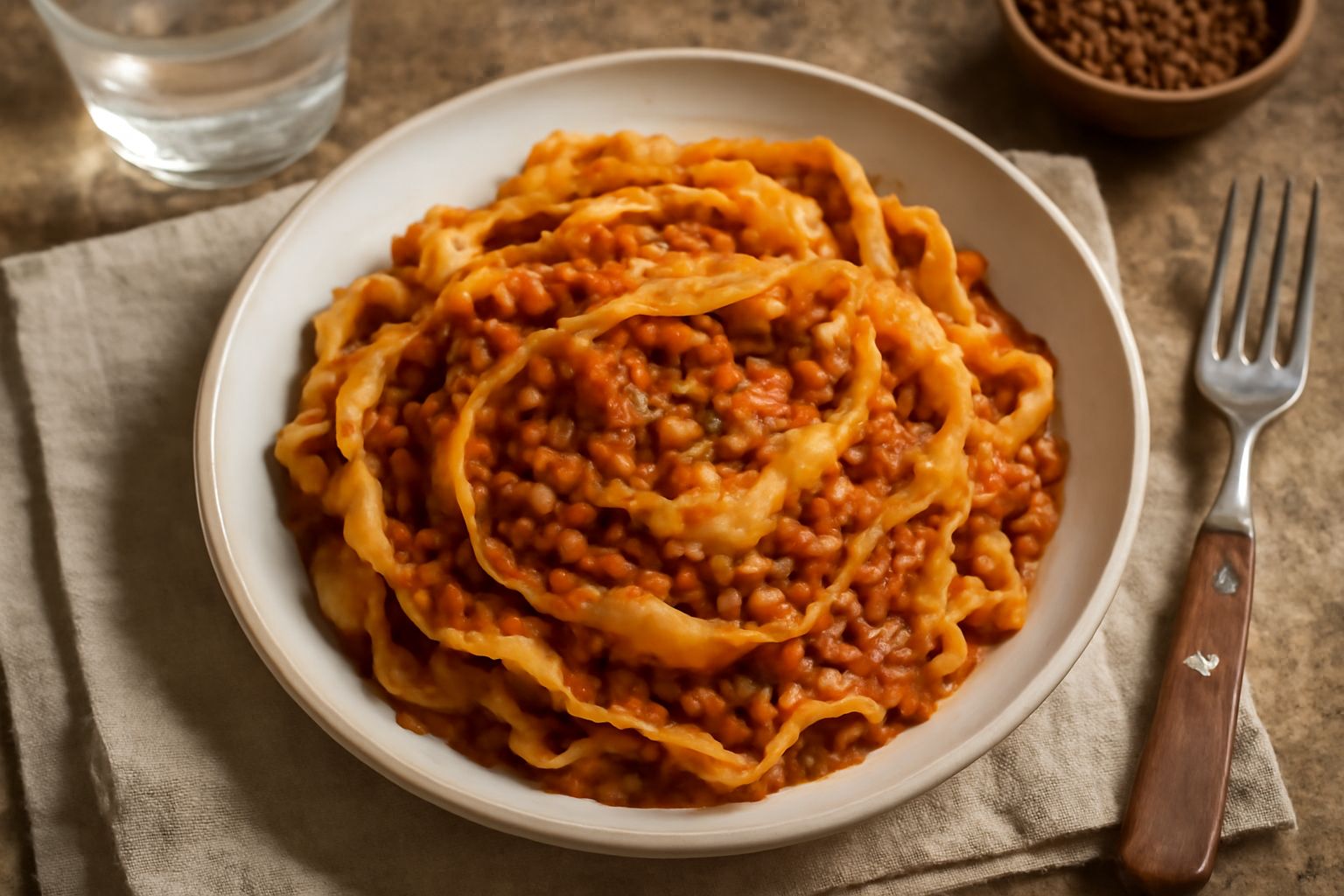 Piatto di lagane con lenticchie: strisce di pasta gialla ondulate ricoperte di lenticchie rosse e gialle in un sugo di cipolla e pomodoro, condite con olio extravergine, su piatto bianco di ceramica