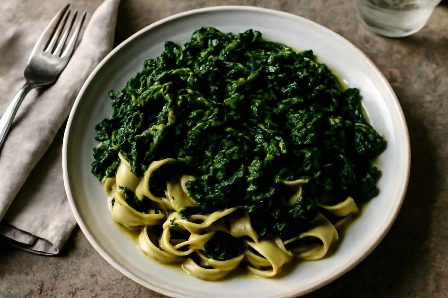 Piatto bianco con lagane ondulate coperte di rape verdi appassite, aglio dorato e olio d'oliva lucido, visto dall'alto con leggera profondità di campo