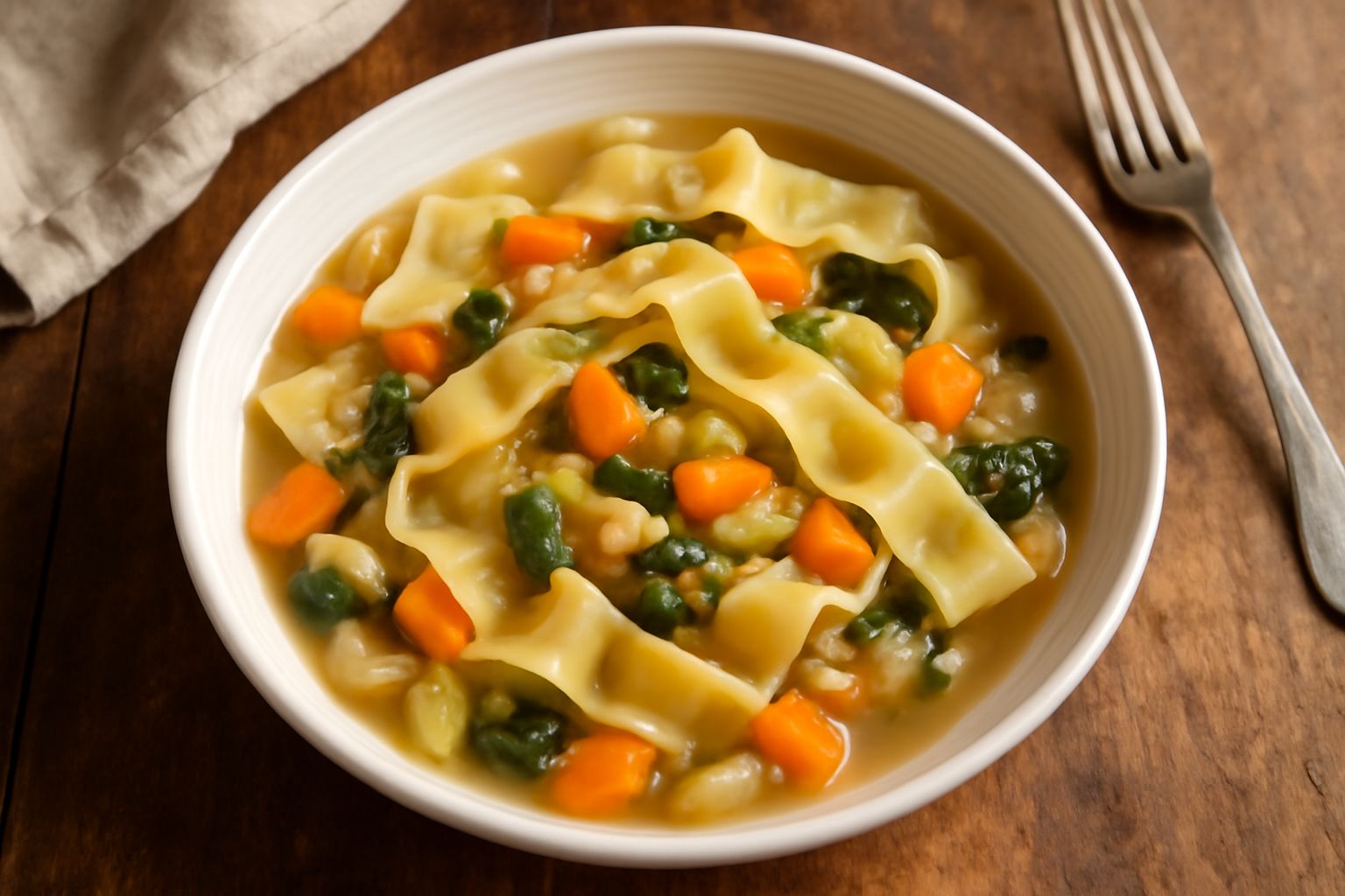 Un piatto fondo di pasta larga e ondulata color bianco crema con verdure sfumate di verde e giallo, bagnata in brodo leggero. Contorno di zucchine, melanzane e pomodori rossi. Piatto di ceramica bianc