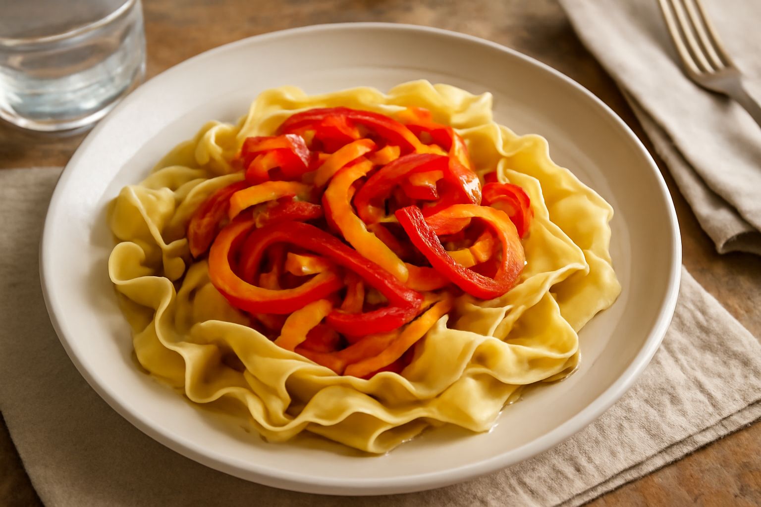 Piatto di lagane con peperoni rossi e gialli affettati, pasta larga beige ondulata, peperoni croccanti e brillanti, olio d'oliva che luccica, aglio in sottofondo, piastra bianca.