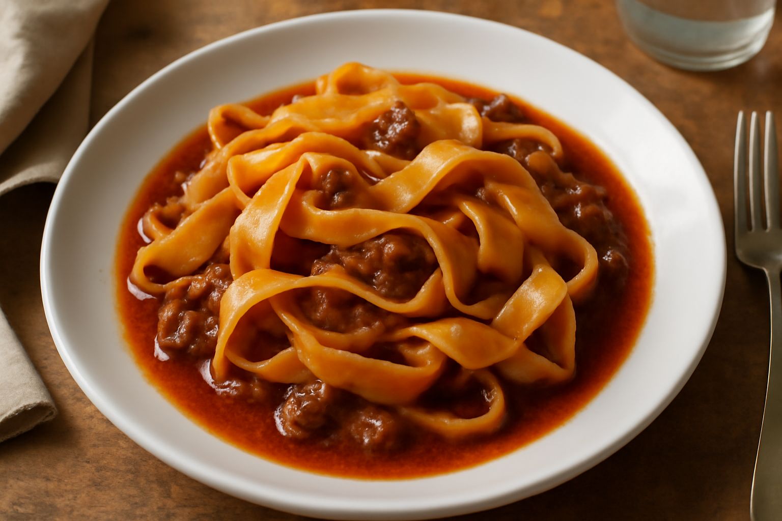 Piatto di lagane larghe color avorio rivestite di ragù marrone scuro con pezzetti di carne visibili, caldo vapore, spolverato di parmigiano grattugiato bianco, servito in piatto fondo bianco