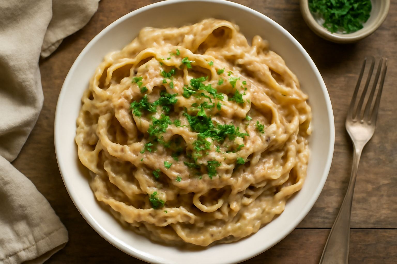 Piatto di lagane larghe e ondulate, ricoperte da un sugo marrone-beige di noci, con prezzemolo verde tritato in superficie e noci intere sparse, su sfondo di legno scuro